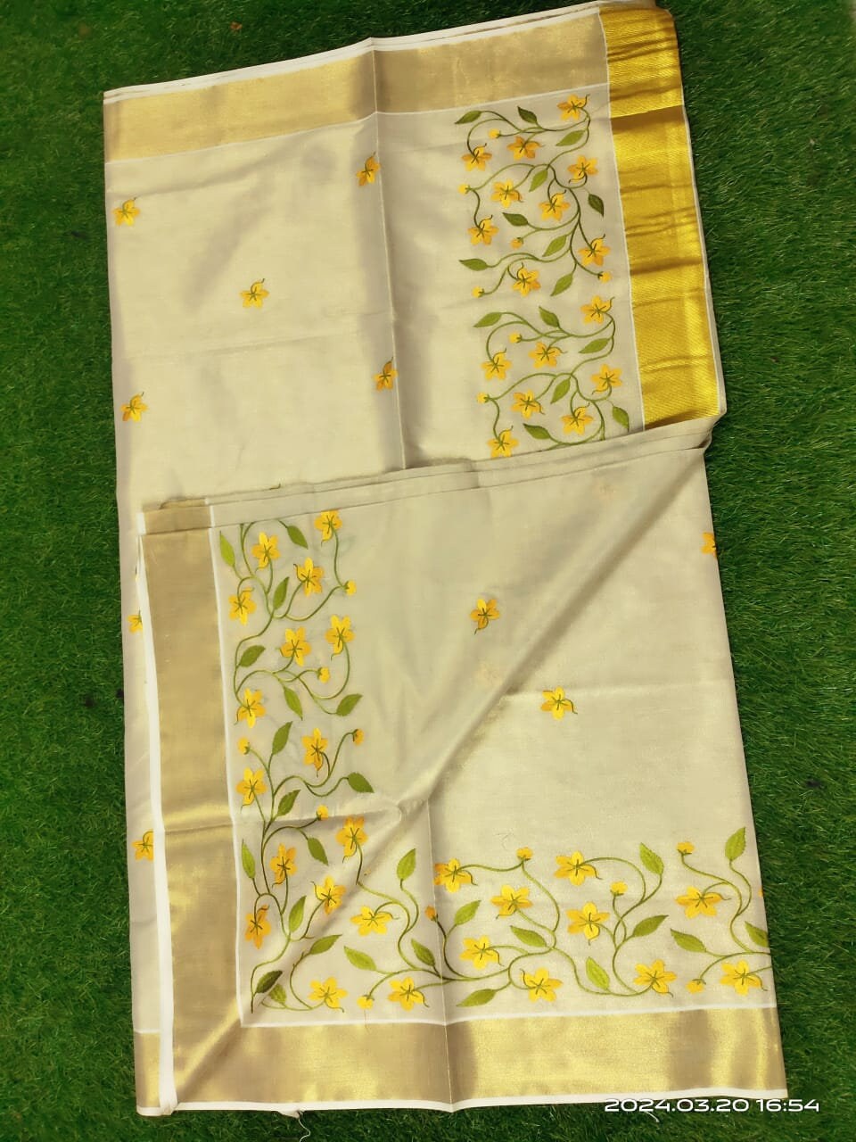 Kerala Embroidered Kanikkonna Golden Tissue Saree With  Blouse material 6.25Mtr,Kerala Saree,Vishu Saree ,Onam Saree ,Handmade Designs,Pooja