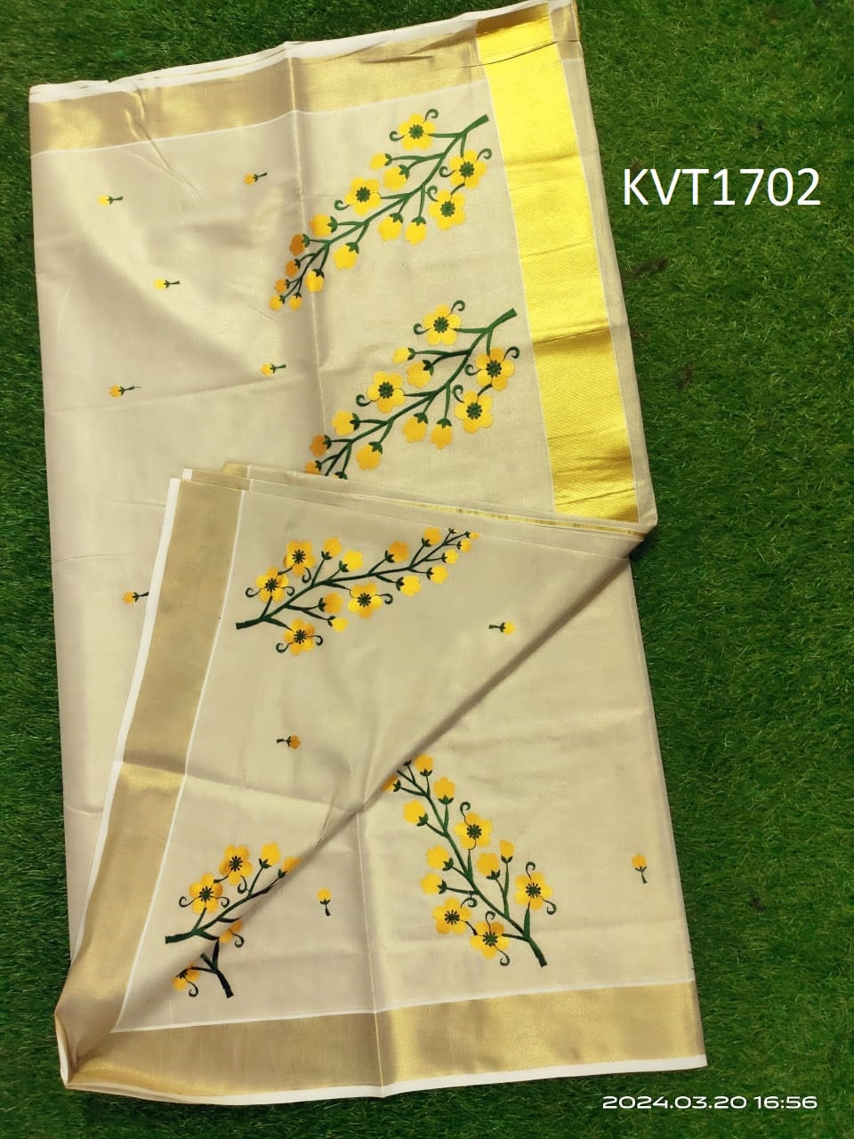 Kerala Embroidered Kanikkonna Golden Tissue Saree With  Blouse material 6.25Mtr,Kerala Saree,Vishu Saree ,Onam Saree ,Handmade Designs,Pooja