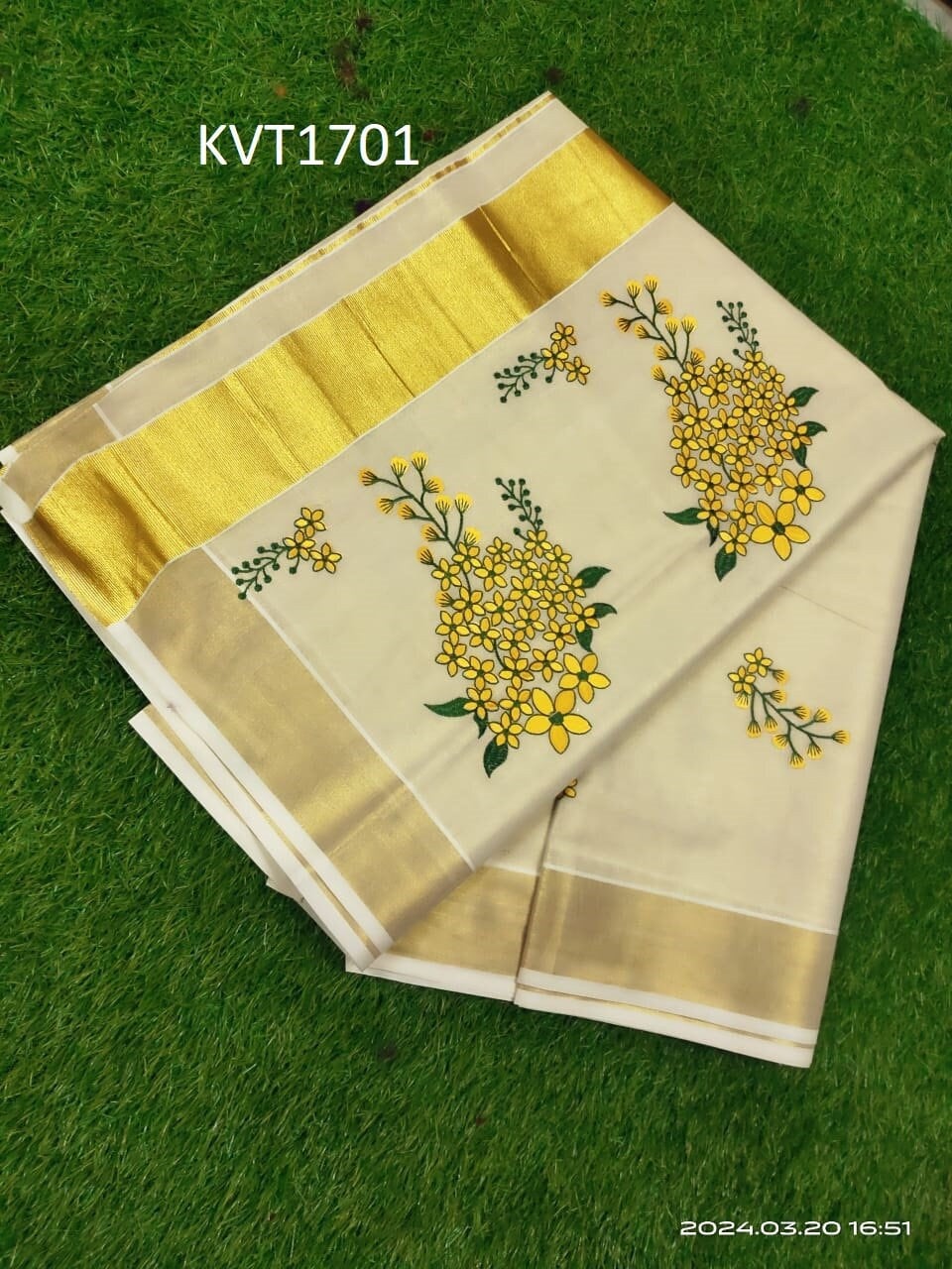 Kerala Embroidered Kanikkonna Golden Tissue Saree With  Blouse material 6.25Mtr,Kerala Saree,Vishu Saree ,Onam Saree ,Handmade Designs,Pooja