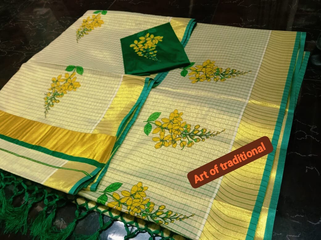 Kerala Special Golden Tissue Saree 6.25mtr,Kanikonna Printed With Tussels,Saree With Stitched Blouse or Blouse Material,Vishu,Onam,Festival