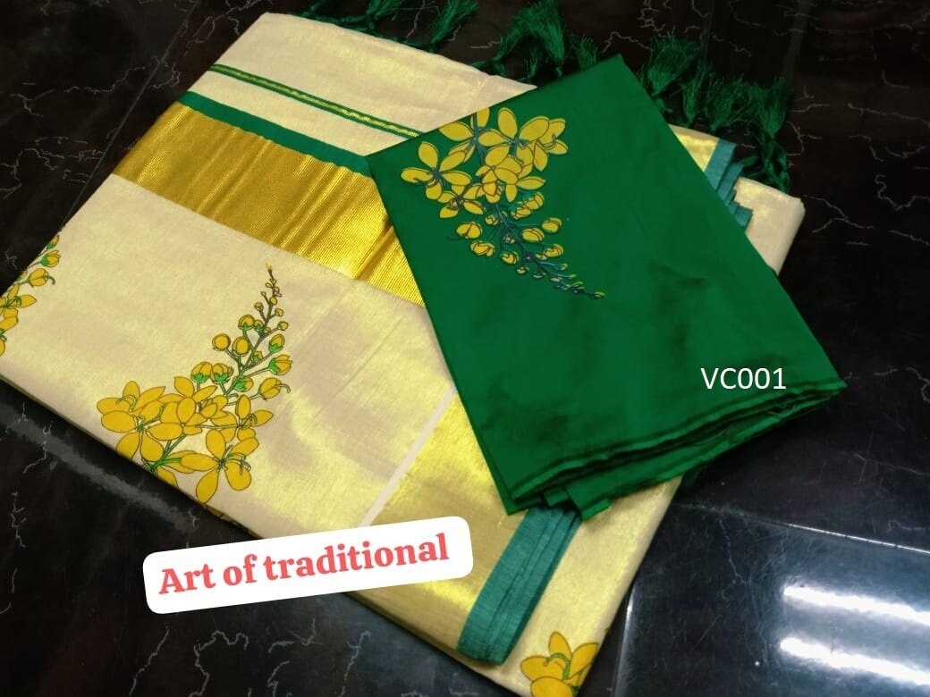 Kerala Special Golden Tissue Saree 6.25mtr,Kanikonna Printed With Tussels,Saree With Stitched Blouse or Blouse Material,Vishu,Onam,Festival