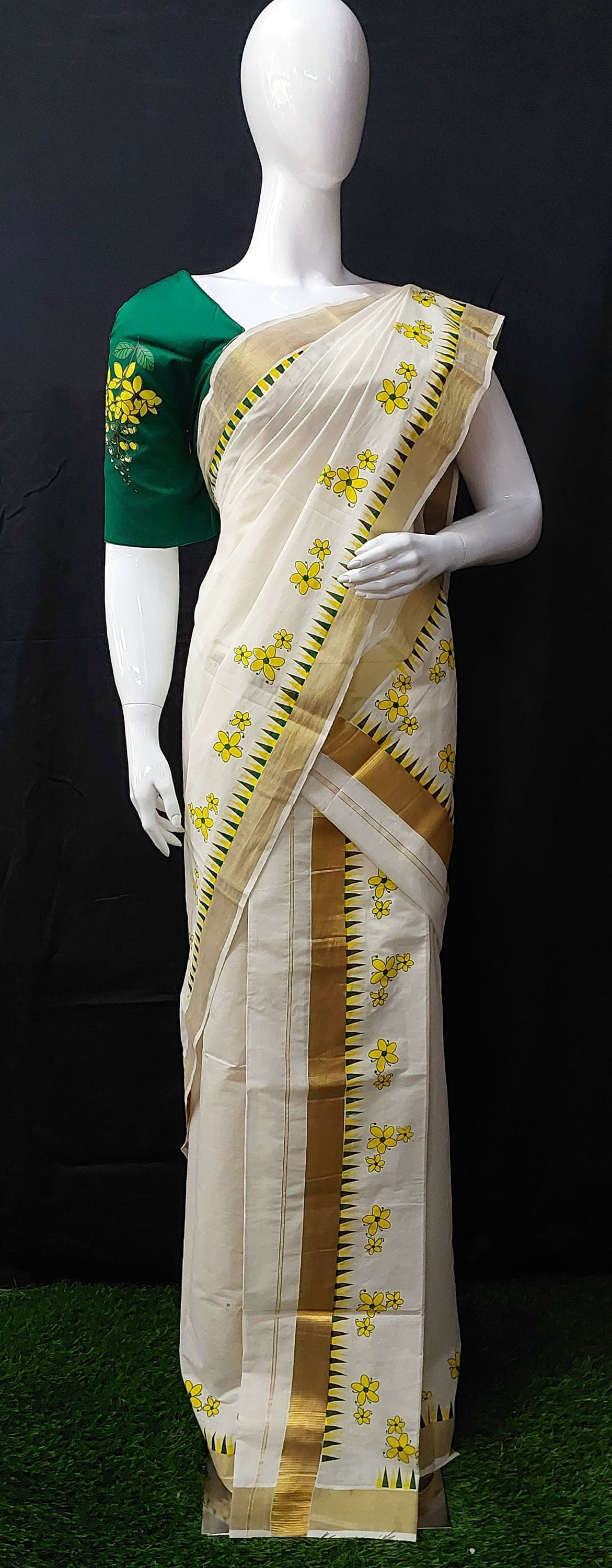 Kerala Golden Tissue Kanikonna design temple Printed With Tussels Setmundu,Kerala,Vishu,Onam Saree,Pooja,Festival,Temple,Traditional.