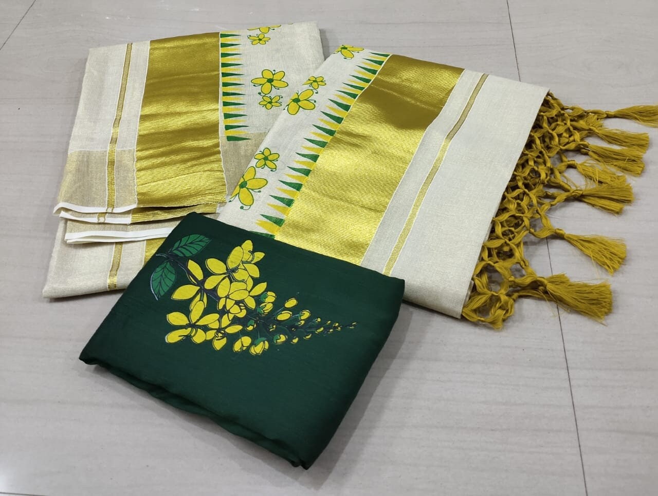 Kerala Golden Tissue Kanikonna design temple Printed With Tussels Setmundu,Kerala,Vishu,Onam Saree,Pooja,Festival,Temple,Traditional.