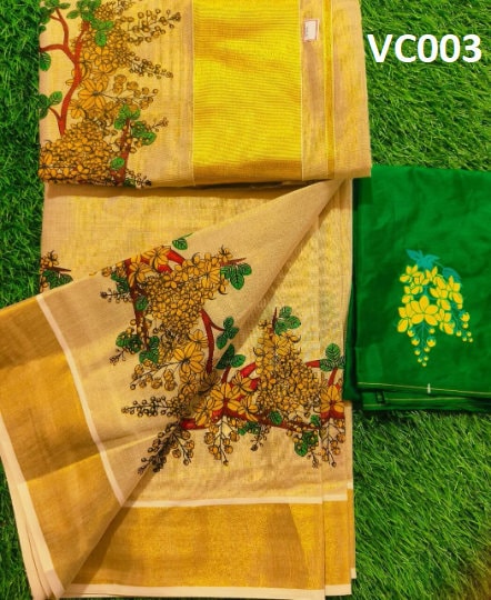 Kerala Special Golden Tissue Saree 6.25mtr,Kanikonna Printed With Tussels,Saree With Stitched Blouse or Blouse Material,Vishu,Onam,Festival