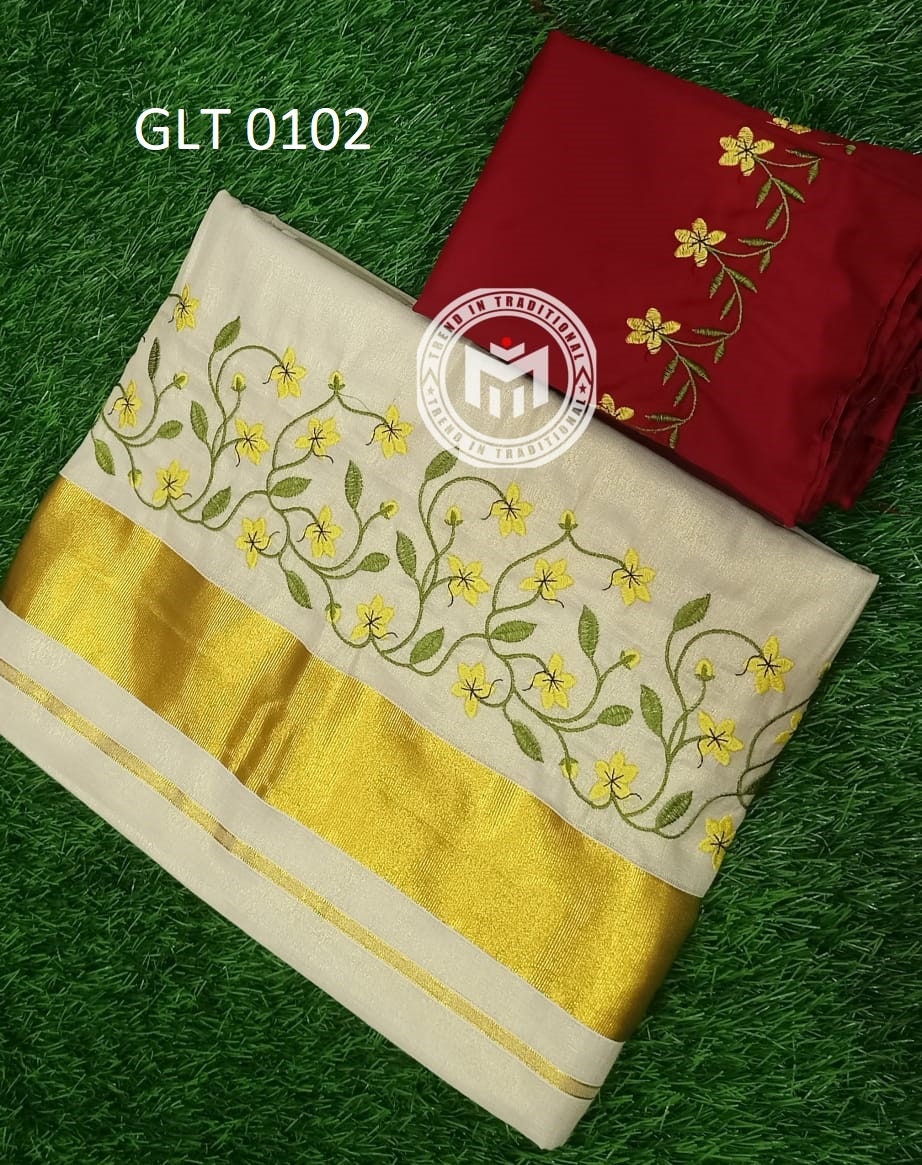 Kerala Vishu Special Kanikkonna Embroidery Work Golden Tissue Saree With Extra Polycotton Embroidery Work Blouse Material,Vishu,Onam Wear.