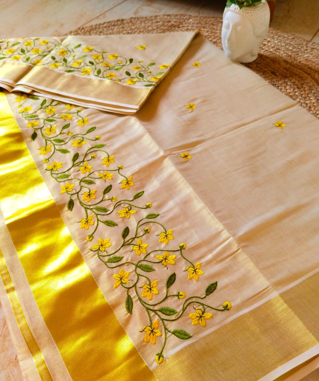 Kerala Vishu Special Kanikkonna Embroidery Work Golden Tissue Saree With Extra Polycotton Embroidery Work Blouse Material,Vishu,Onam Wear.