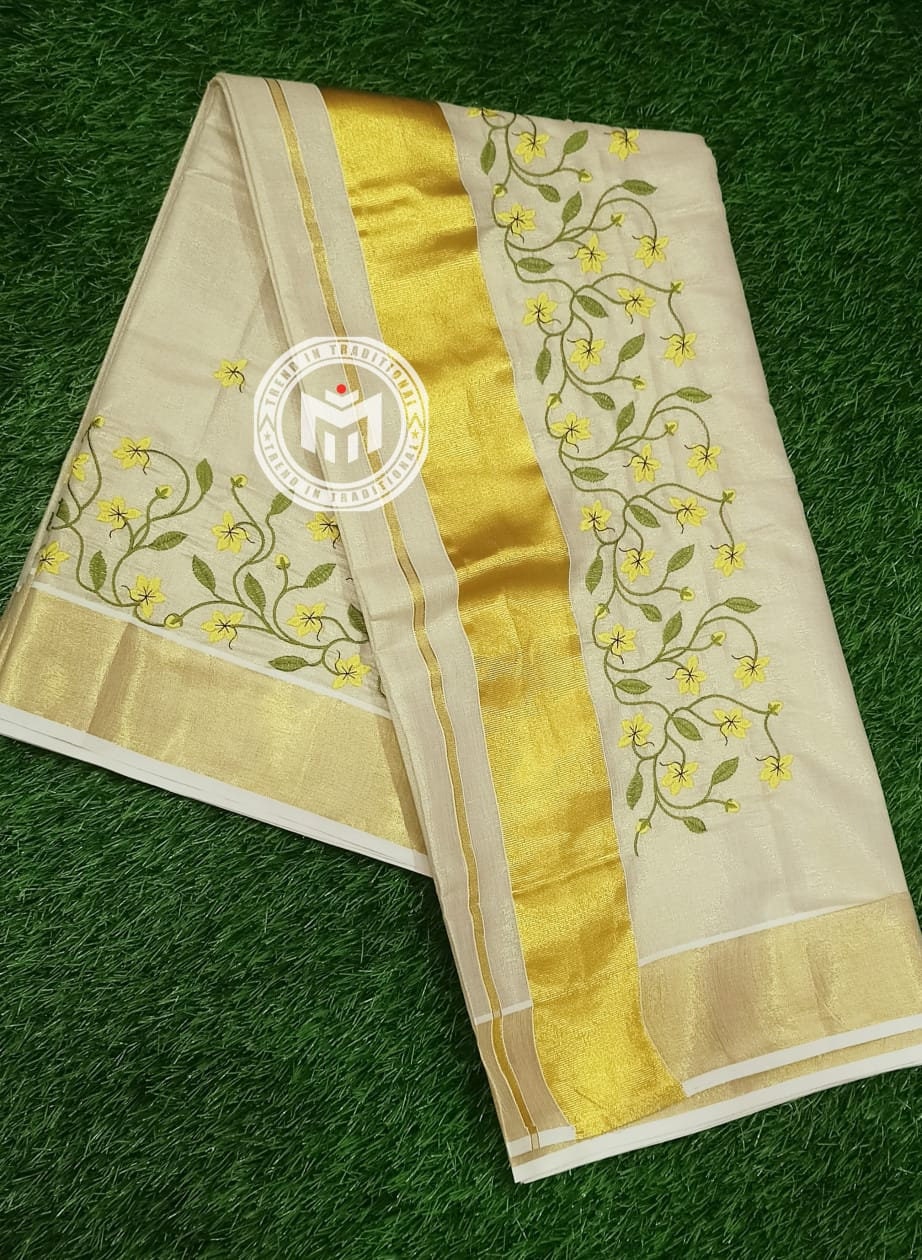 Kerala Vishu Special Kanikkonna Embroidery Work Golden Tissue Saree With Extra Polycotton Embroidery Work Blouse Material,Vishu,Onam Wear.