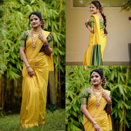 Kerala Premium Banarasi Contrast Weave Kubera Pattu Saree,Elastic Waist Ready To Wear,Vishu,Onam,Party Wear,Wedding,Special Gift To Her.