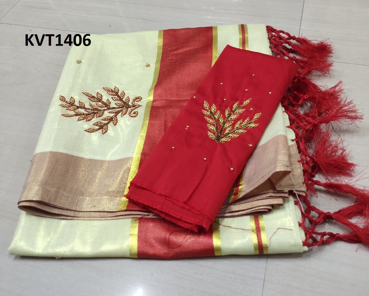 Kerala Tissue Kunjalam Aari Work Set Saree,With Stitched Blouse or Blouse Material,Indian,Handmade,Kerala Saree Traditional, Onam,Vishu .