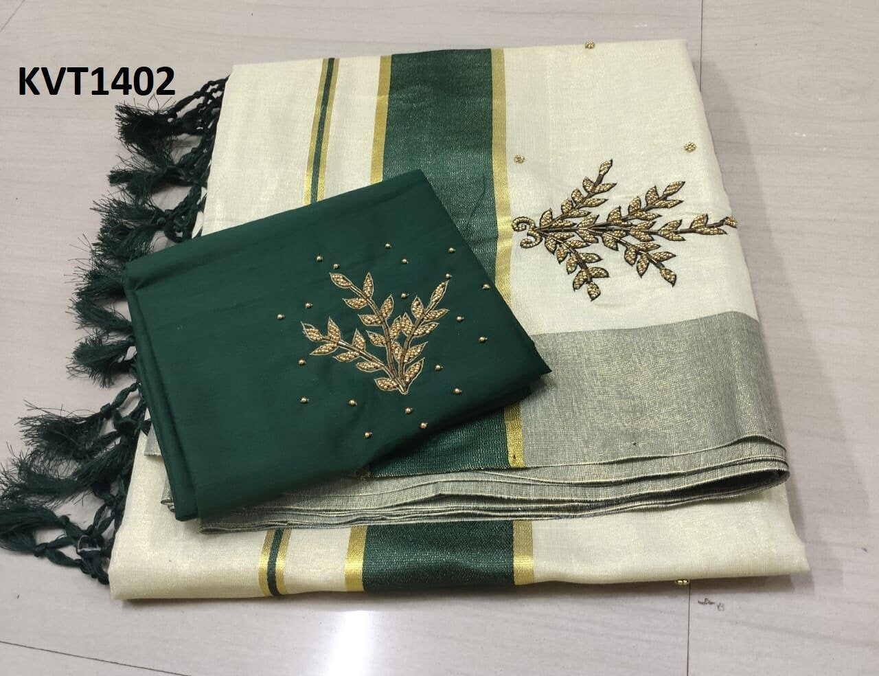 Kerala Tissue Kunjalam Aari Work Set Saree,With Stitched Blouse or Blouse Material,Indian,Handmade,Kerala Saree Traditional, Onam,Vishu .