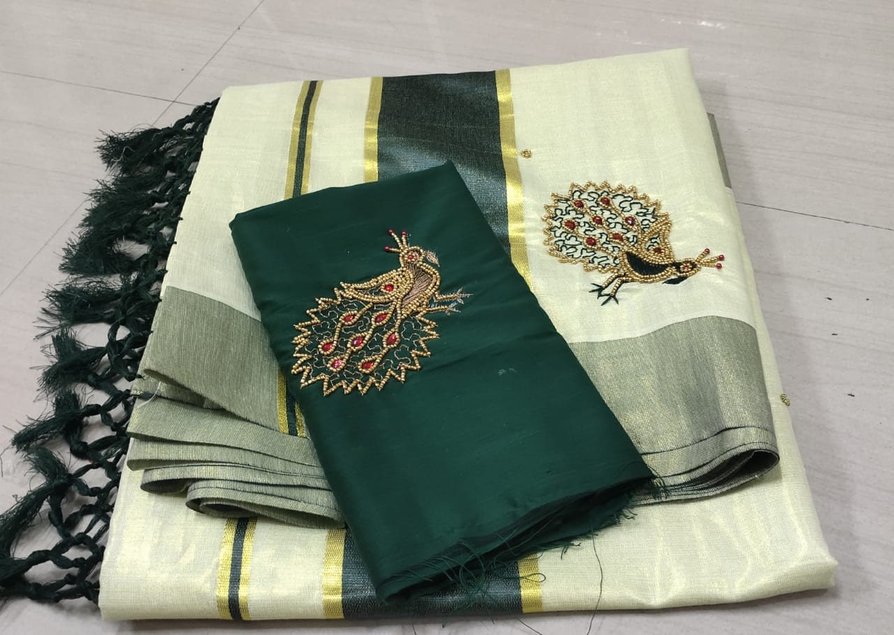 Kerala Tissue Kunjalam Aari Work Set Saree,With Stitched Blouse or Blouse Material,Indian,Handmade,Kerala Saree Traditional, Onam,Vishu .