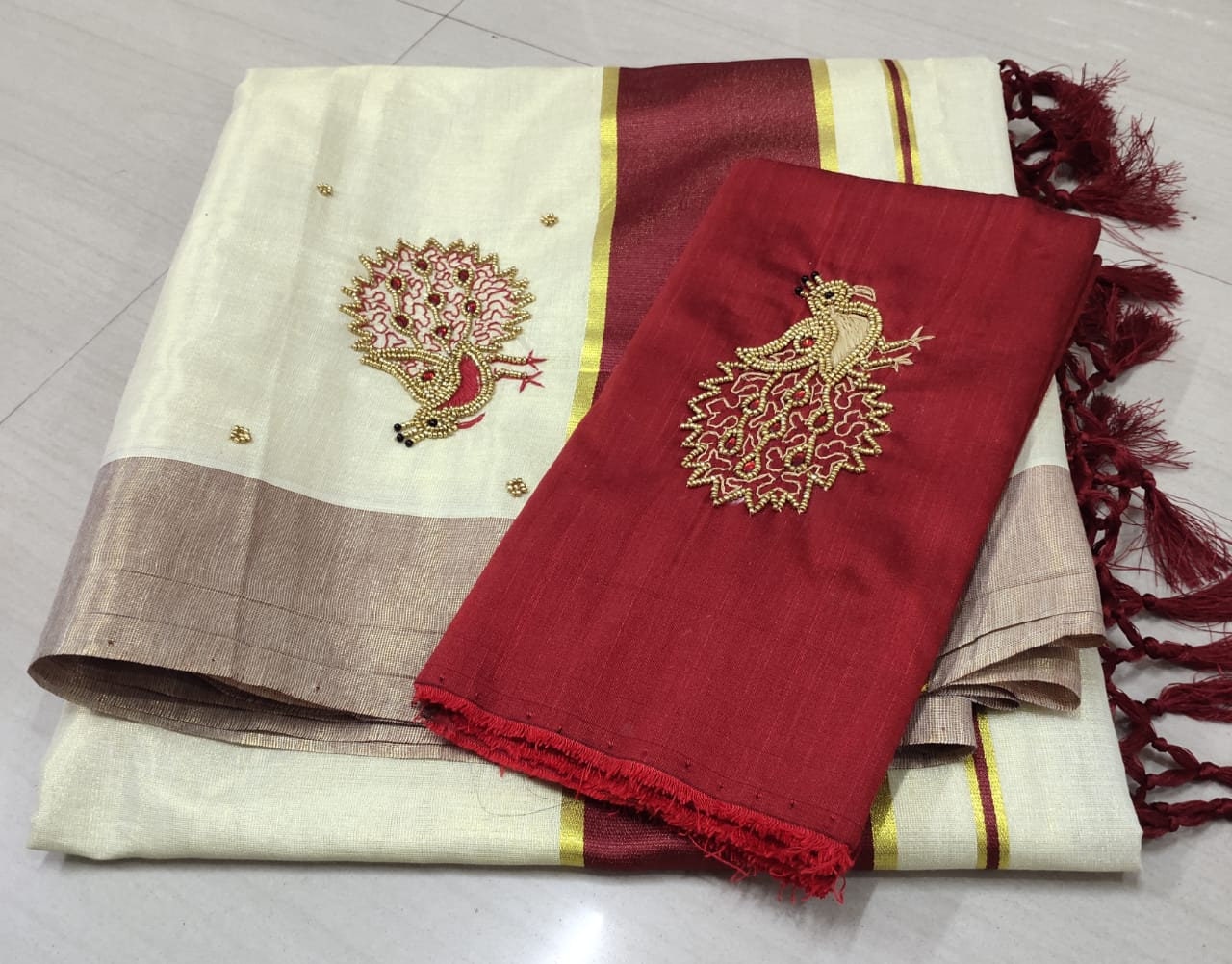 Kerala Tissue Kunjalam Aari Work Set Saree,With Stitched Blouse or Blouse Material,Indian,Handmade,Kerala Saree Traditional, Onam,Vishu .