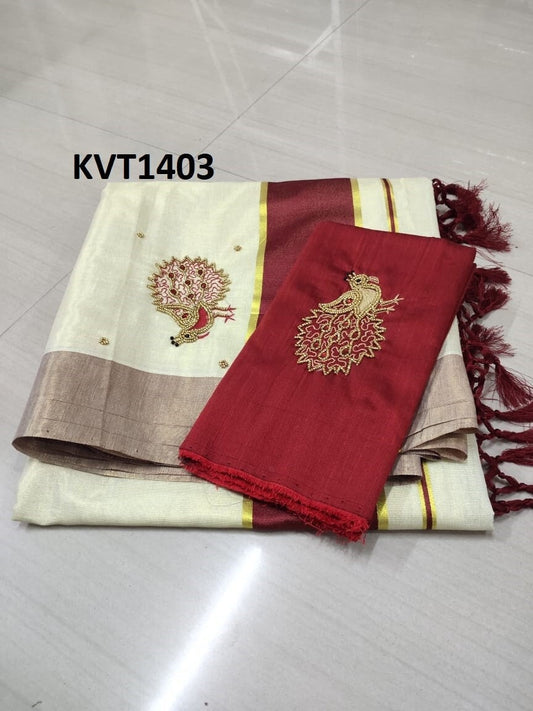 Kerala Tissue Kunjalam Aari Work Set Saree,With Stitched Blouse or Blouse Material,Indian,Handmade,Kerala Saree Traditional, Onam,Vishu .