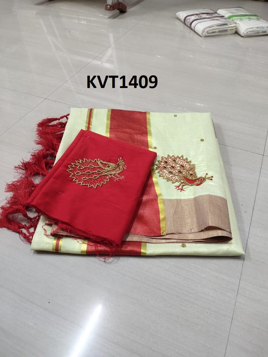 Kerala Tissue Kunjalam Aari Work Set Saree,With Stitched Blouse or Blouse Material,Indian,Handmade,Kerala Saree Traditional, Onam,Vishu .