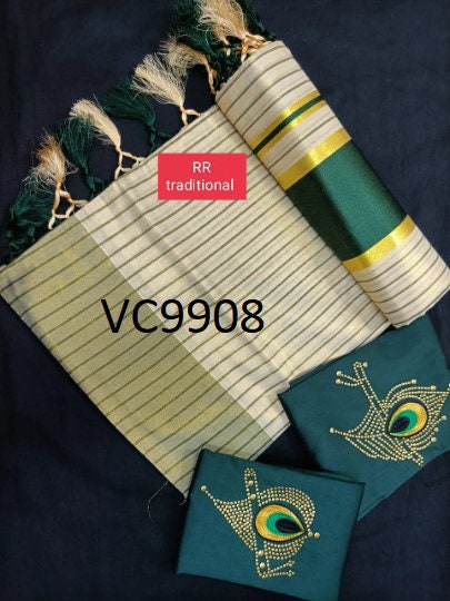 Kerala Tissue Full Color Line Saree 6.25Mtr With Stitched Blouse or Blouse Material,Kerala Saree,Vishu ,Onam,Handmade Designs,Pooja Wear.