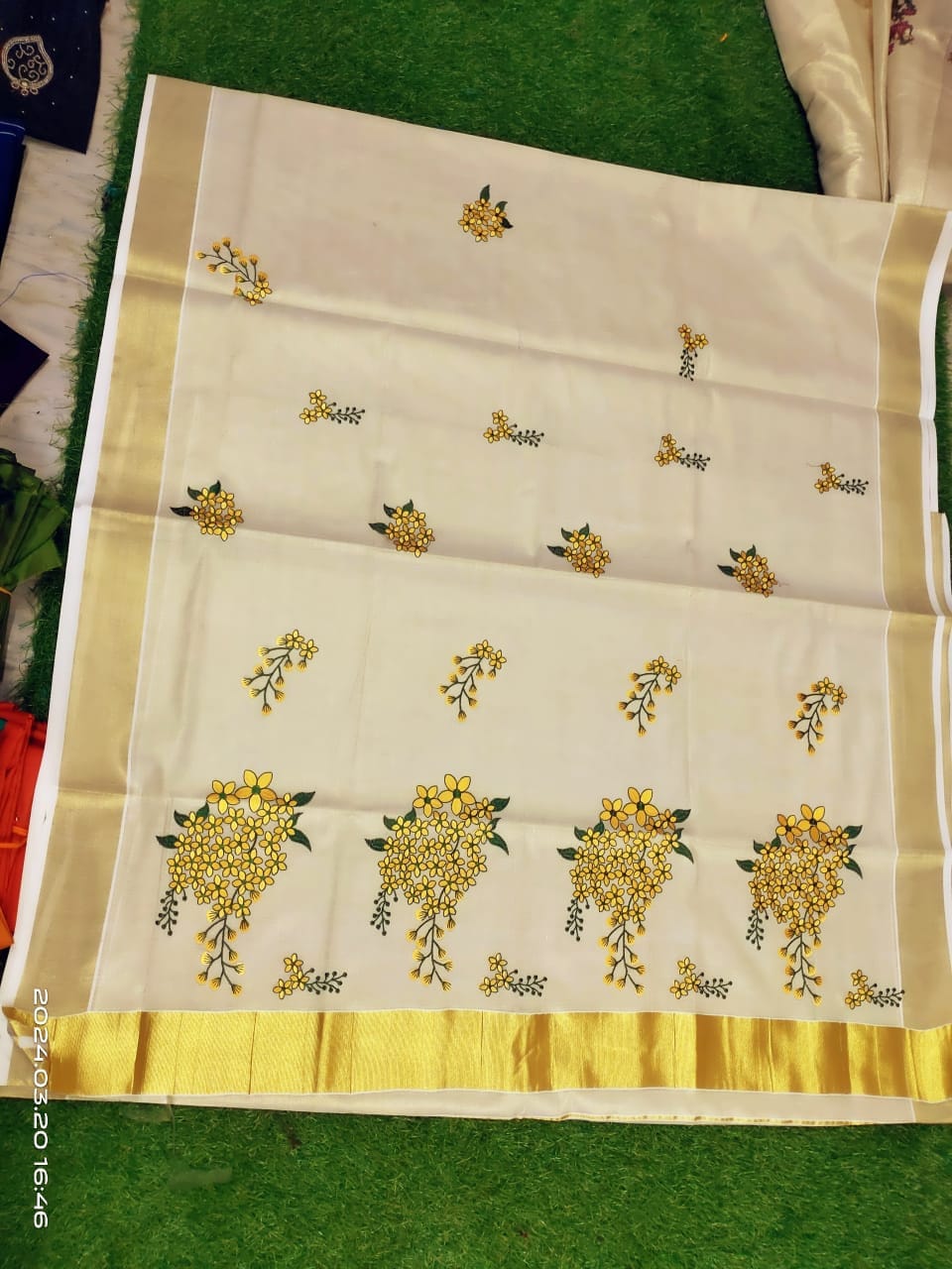 Kerala Embroidered Kanikkonna Golden Tissue Saree With  Blouse material 6.25Mtr,Kerala Saree,Vishu Saree ,Onam Saree ,Handmade Designs,Pooja