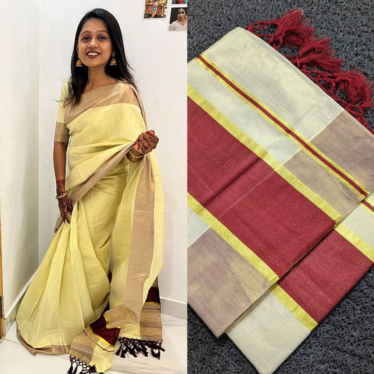 Kerala 5 Inch Color Kasavu Golden Tissue Ready To Wear Saree With Tussles 6.25Mtr,Kerala Saree,Vishu Saree ,Onam Saree ,Handmade Designs.