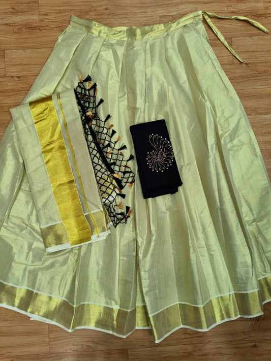 Kerala Golden Plain Tissue Dhavani With Magnetic Stone Blouse,Women Lehenga,Onam,Vishu,Birthday,Marriage,Special Occassions,Temple,Festival