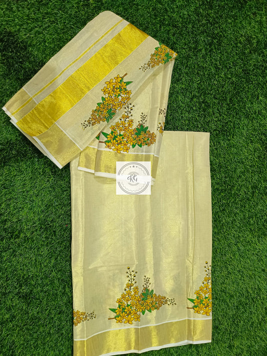 Kerala Kanikonna Printed Dhavani Skirt and Shall ,Women Lehenga,Onam,Vishu,Birthday,Marriage,Special Occassions,Temple,Festival,Pooja Wear.