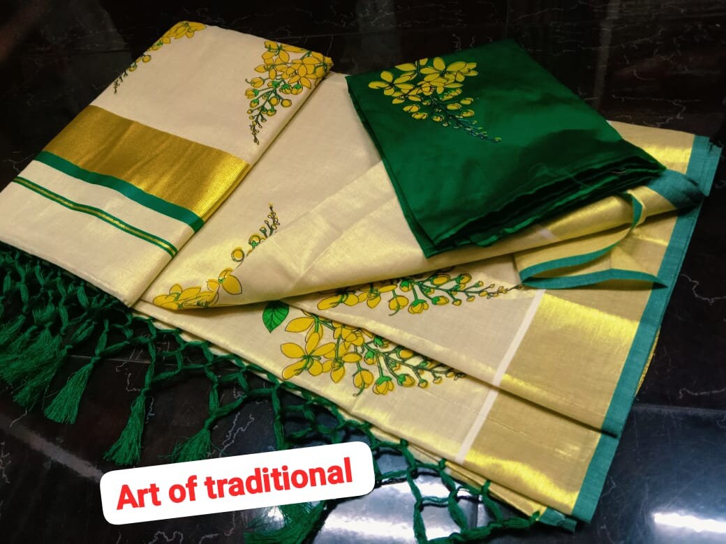 Kerala Special Golden Tissue Saree 6.25mtr,Kanikonna Printed With Tussels,Saree With Stitched Blouse or Blouse Material,Vishu,Onam,Festival