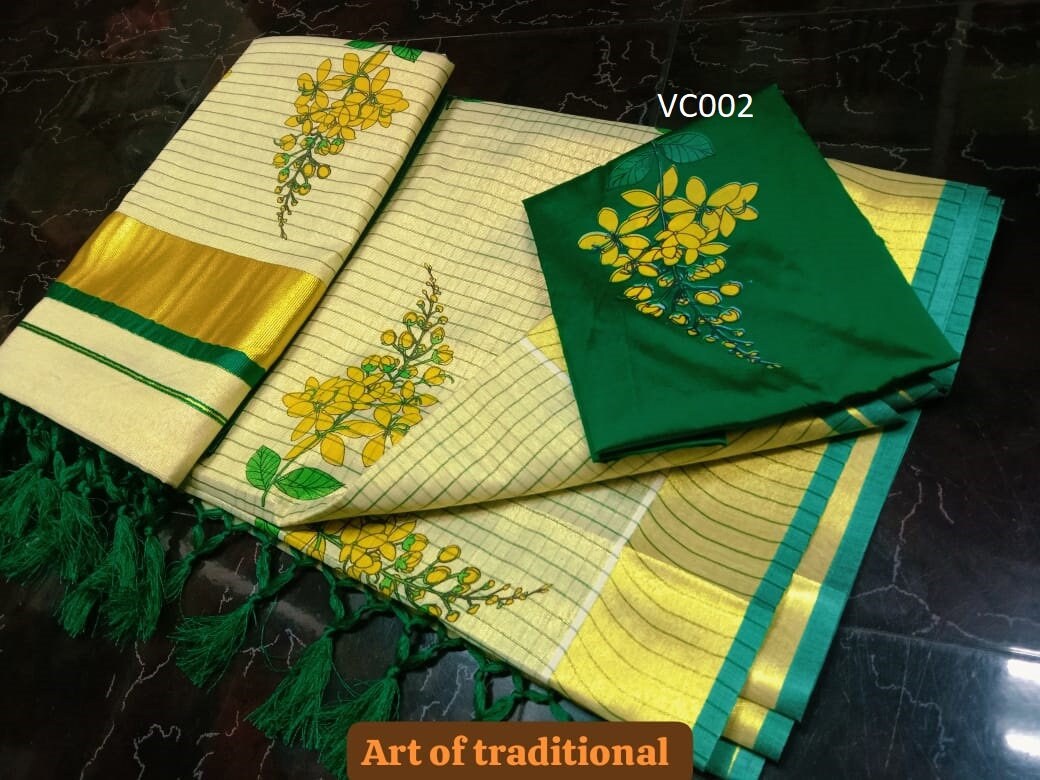 Kerala Special Golden Tissue Saree 6.25mtr,Kanikonna Printed With Tussels,Saree With Stitched Blouse or Blouse Material,Vishu,Onam,Festival