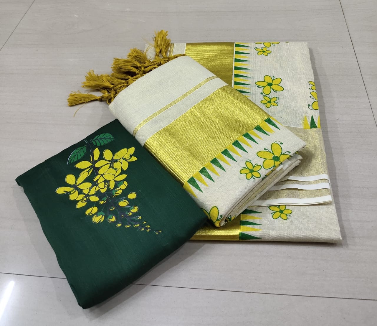 Kerala Golden Tissue Kanikonna design temple Printed With Tussels Setmundu,Kerala,Vishu,Onam Saree,Pooja,Festival,Temple,Traditional.