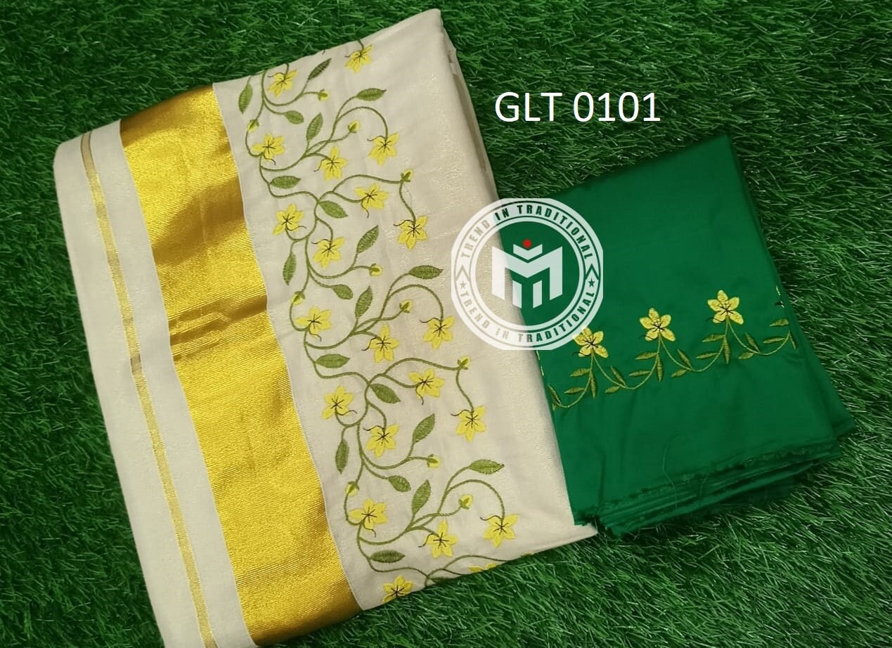 Kerala Vishu Special Kanikkonna Embroidery Work Golden Tissue Saree With Extra Polycotton Embroidery Work Blouse Material,Vishu,Onam Wear.