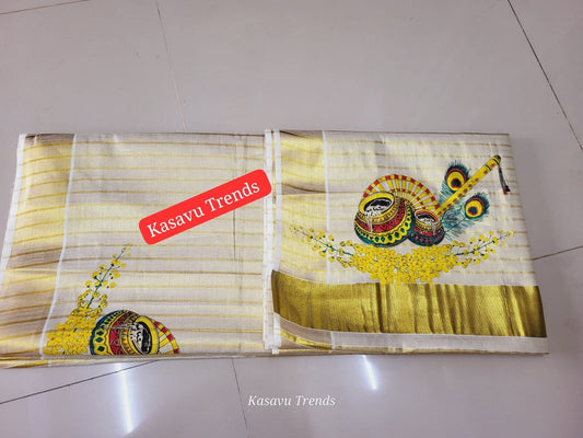 Kerala Full Tissue Lines With Kannikonna Saree 6.25Mtr With Stitched Blouse or Blouse Material,Kerala Saree,Vishu ,Onam,Handmade Designs.