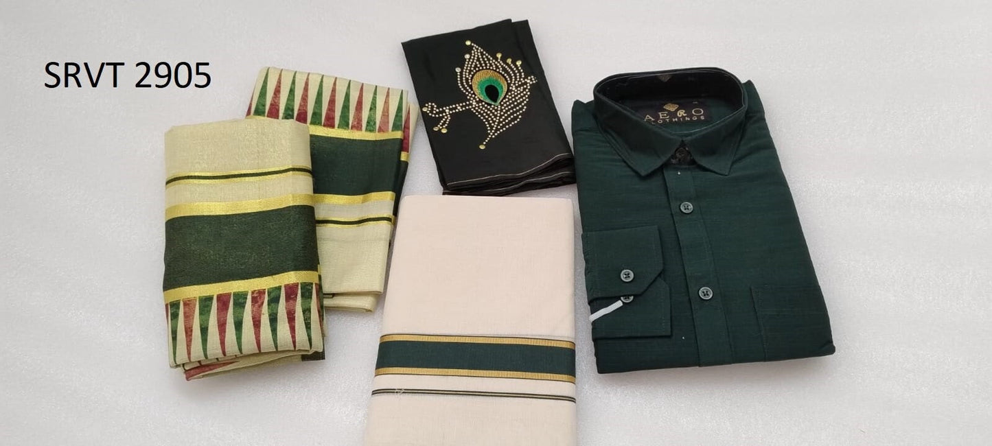 Golden Tissue Double color  Temple print set mundu with Blouse material or ready to wear blouse and Shirt Dhoti Combo ,Kerala, Onam,Birthday