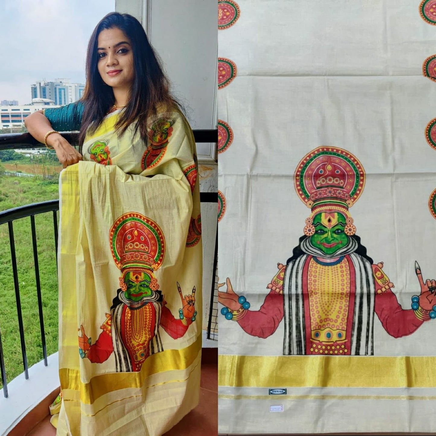 Kerala Big mural Kathakali golden tissue saree  6.25mtr,Kerala Saree,Vishu Saree,Traditional Onam Saree ,Handmade Designs,Pooja,Festivals