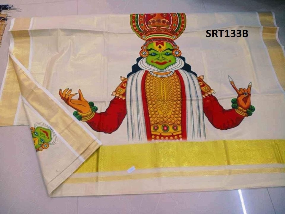 Kerala Big mural Kathakali golden tissue saree  6.25mtr,Kerala Saree,Vishu Saree,Traditional Onam Saree ,Handmade Designs,Pooja,Festivals