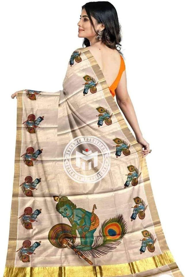 Kerala  Golden Tissue Mural print Set Saree with Blouse Materiai,Indian traditional women clothing,Handmade designs,Onam,Vishu special