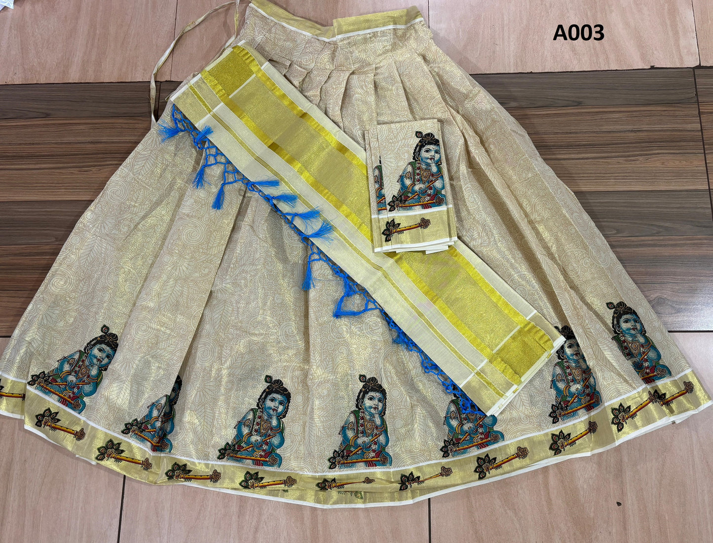 Kerala emboss printed golden Tissue Davani Skirt Stitched Free Size with Blouse Material / Traditional Girls clothing / Handmade designs