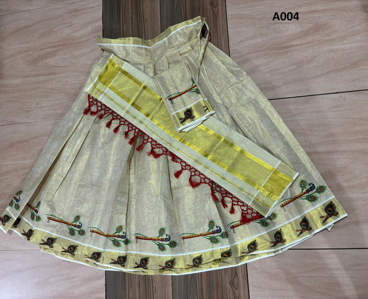 Kerala emboss printed golden Tissue Davani Skirt Stitched Free Size with Blouse Material / Traditional Girls clothing / Handmade designs