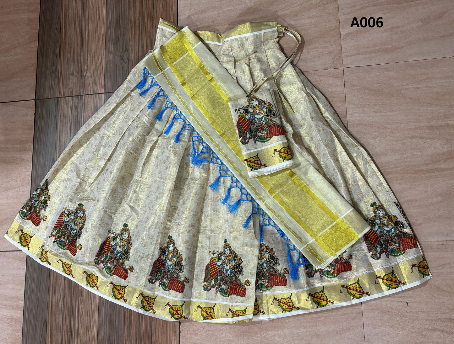 Kerala emboss printed golden Tissue Davani Skirt Stitched Free Size with Blouse Material / Traditional Girls clothing / Handmade designs