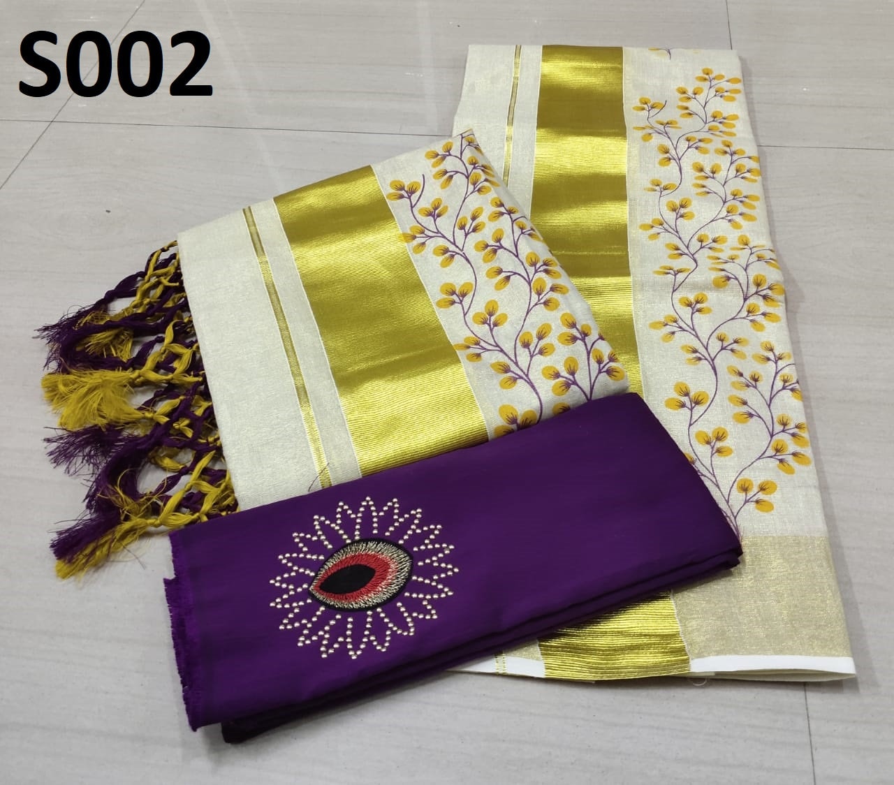 Kerala Kanikkonna  Tissue Set Mundu with Ready to wear Blouse or Blouse Material With kunjanam Vishu Onam festival clothing Hand design