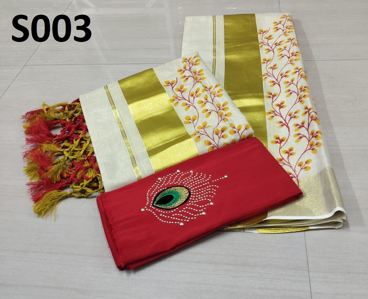 Kerala Kanikkonna  Tissue Set Mundu with Ready to wear Blouse or Blouse Material With kunjanam Vishu Onam festival clothing Hand design