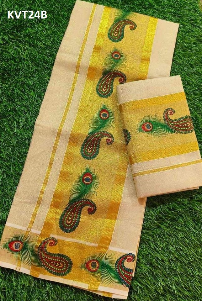 Kerala Mural printed Tissue Set Mundu with Ready to wear Blouse or Blouse Material With kunjanam Vishu Onam festival clothing Hand design