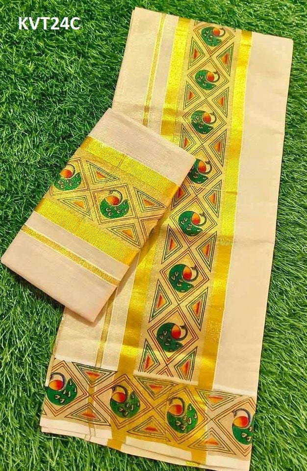 Kerala Mural printed Tissue Set Mundu with Ready to wear Blouse or Blouse Material With kunjanam Vishu Onam festival clothing Hand design