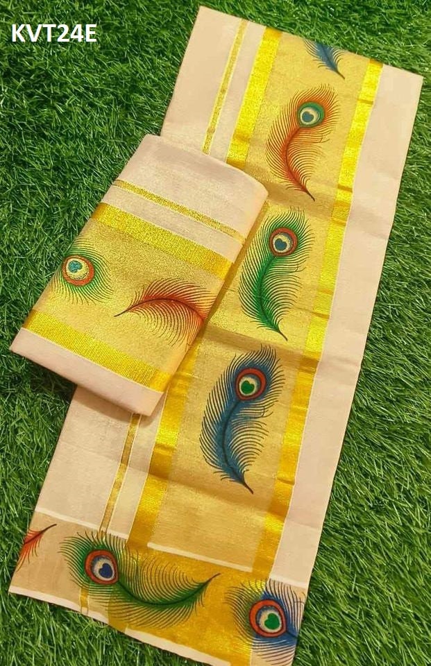 Kerala Mural printed Tissue Set Mundu with Ready to wear Blouse or Blouse Material With kunjanam Vishu Onam festival clothing Hand design