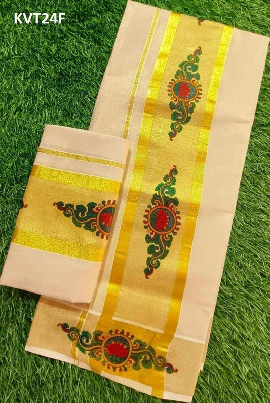 Kerala Mural printed Tissue Set Mundu with Ready to wear Blouse or Blouse Material With kunjanam Vishu Onam festival clothing Hand design