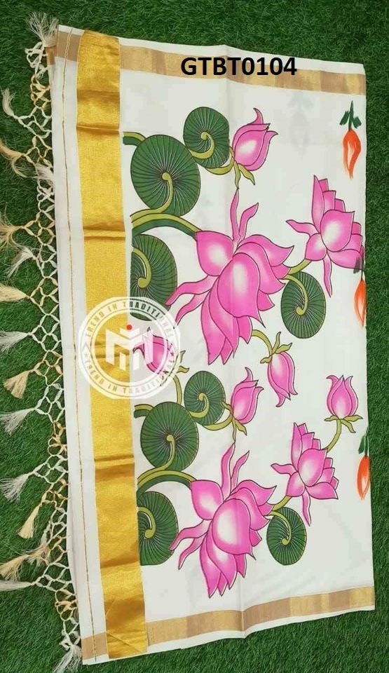 Kerala Traditional Big mural printed Golden Tissue Saree ,Kerala Saree,Onam Dress,Vishu,Festival,Birthday,Special Occasion,Temple,Pooja Wear