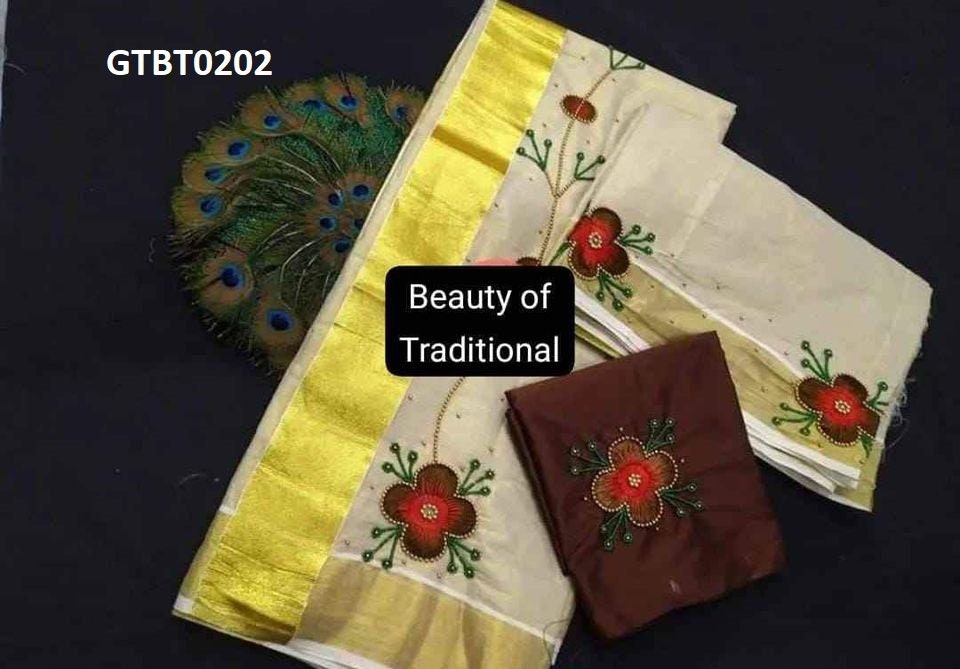 Kerala Special Golden Tissue Hand Work Set Mundu 2.80 With Stitched Blouse or Blouse Material,Beautiful Kerala Designs,Onam,Vishu,Pooja.