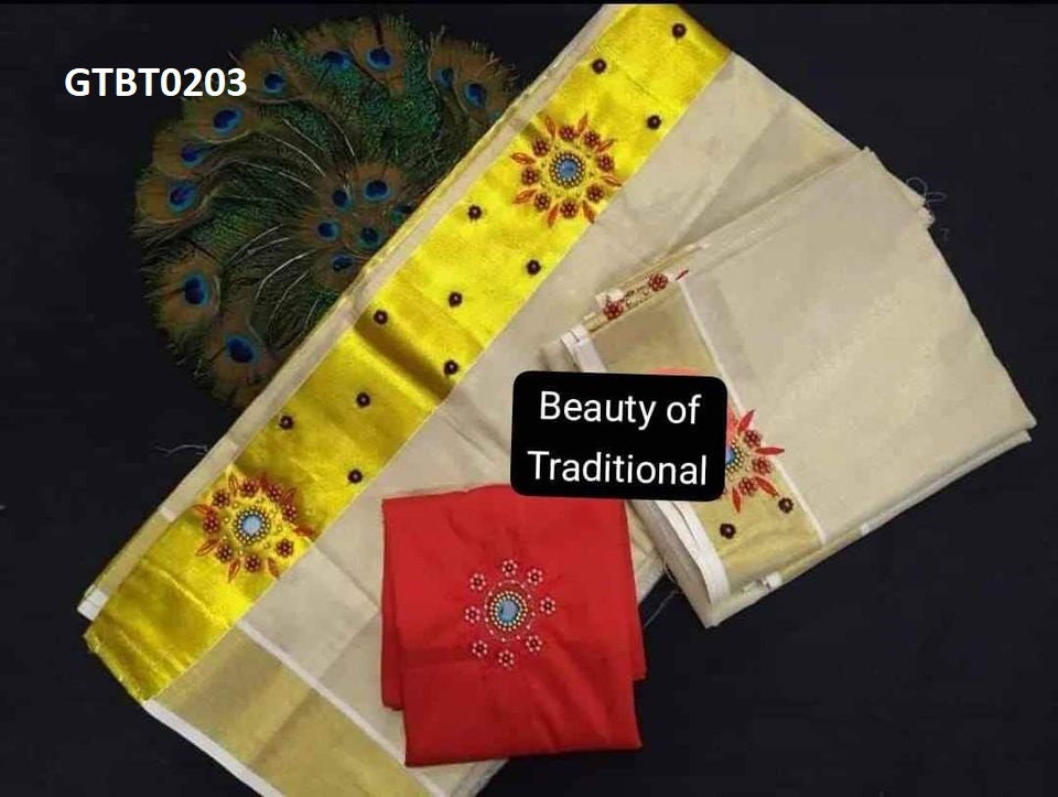 Kerala Special Golden Tissue Hand Work Set Mundu 2.80 With Stitched Blouse or Blouse Material,Beautiful Kerala Designs,Onam,Vishu,Pooja.