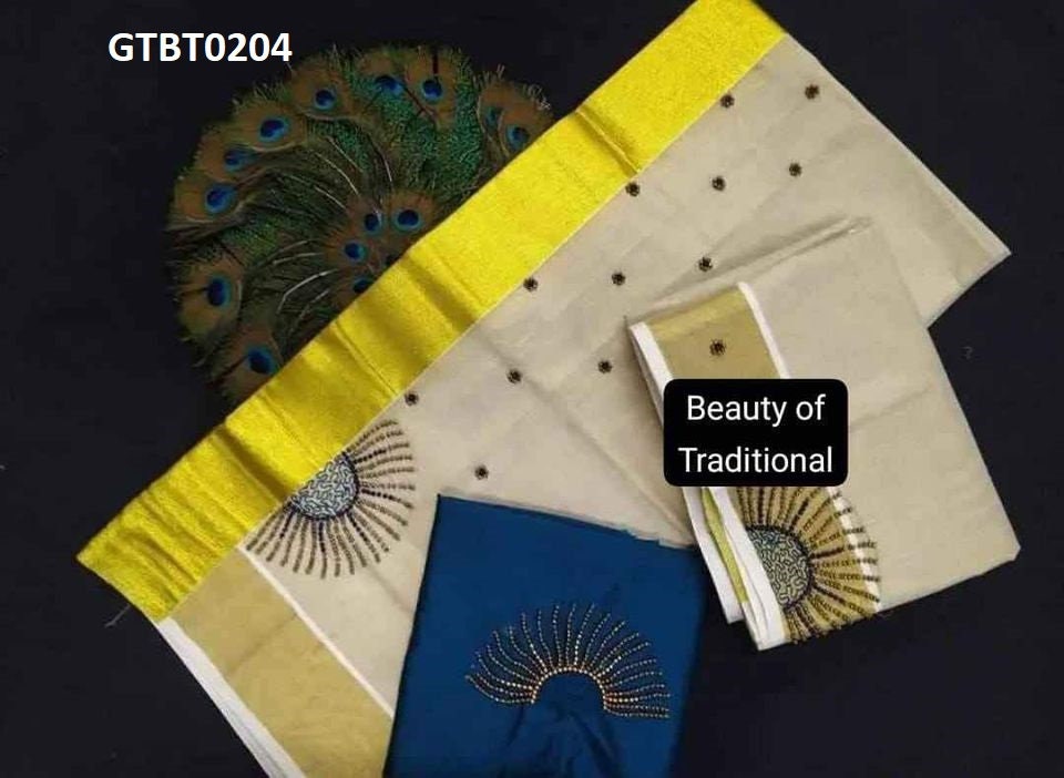 Kerala Special Golden Tissue Hand Work Set Mundu 2.80 With Stitched Blouse or Blouse Material,Beautiful Kerala Designs,Onam,Vishu,Pooja.