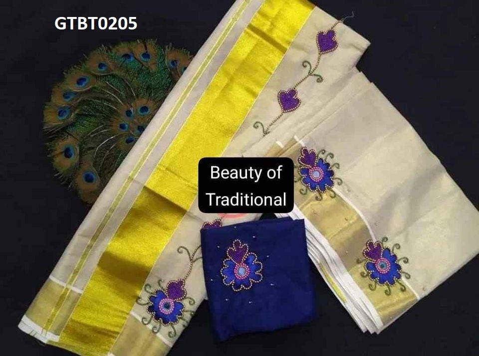 Kerala Special Golden Tissue Hand Work Set Mundu 2.80 With Stitched Blouse or Blouse Material,Beautiful Kerala Designs,Onam,Vishu,Pooja.