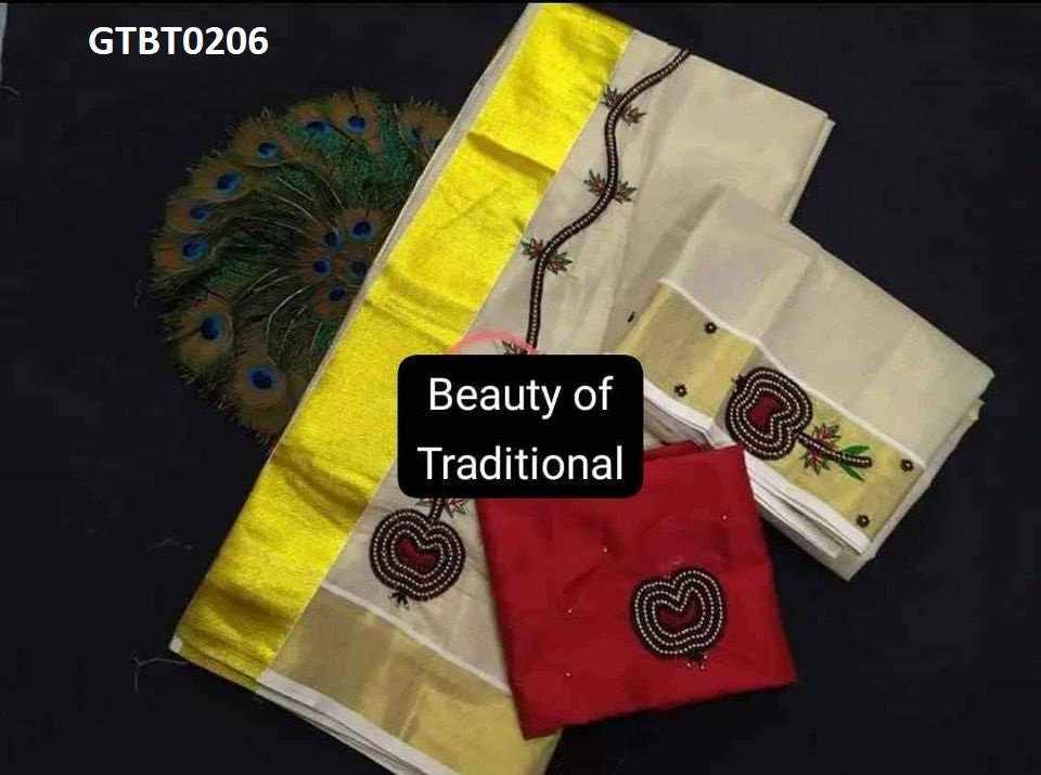 Kerala Special Golden Tissue Hand Work Set Mundu 2.80 With Stitched Blouse or Blouse Material,Beautiful Kerala Designs,Onam,Vishu,Pooja.