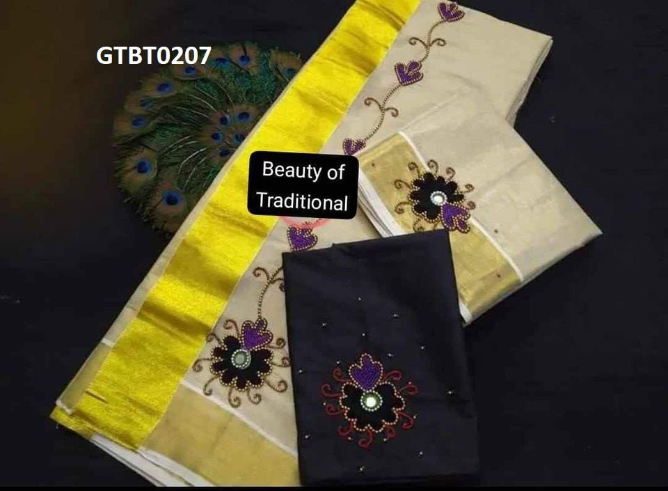 Kerala Special Golden Tissue Hand Work Set Mundu 2.80 With Stitched Blouse or Blouse Material,Beautiful Kerala Designs,Onam,Vishu,Pooja.