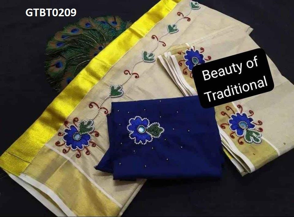 Kerala Special Golden Tissue Hand Work Set Mundu 2.80 With Stitched Blouse or Blouse Material,Beautiful Kerala Designs,Onam,Vishu,Pooja.