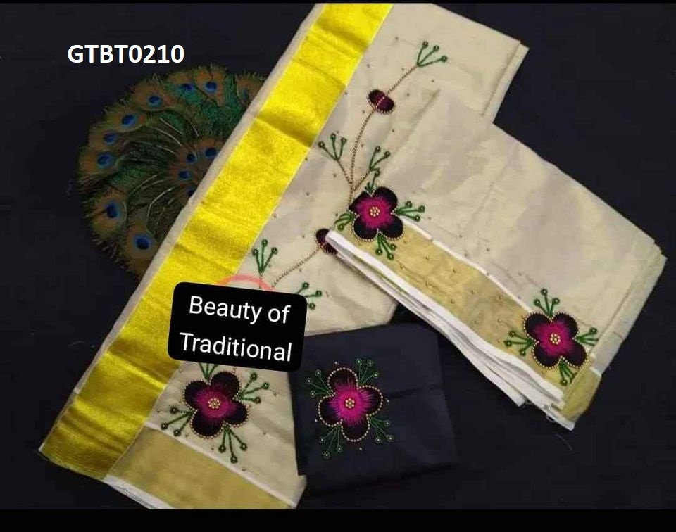 Kerala Special Golden Tissue Hand Work Set Mundu 2.80 With Stitched Blouse or Blouse Material,Beautiful Kerala Designs,Onam,Vishu,Pooja.